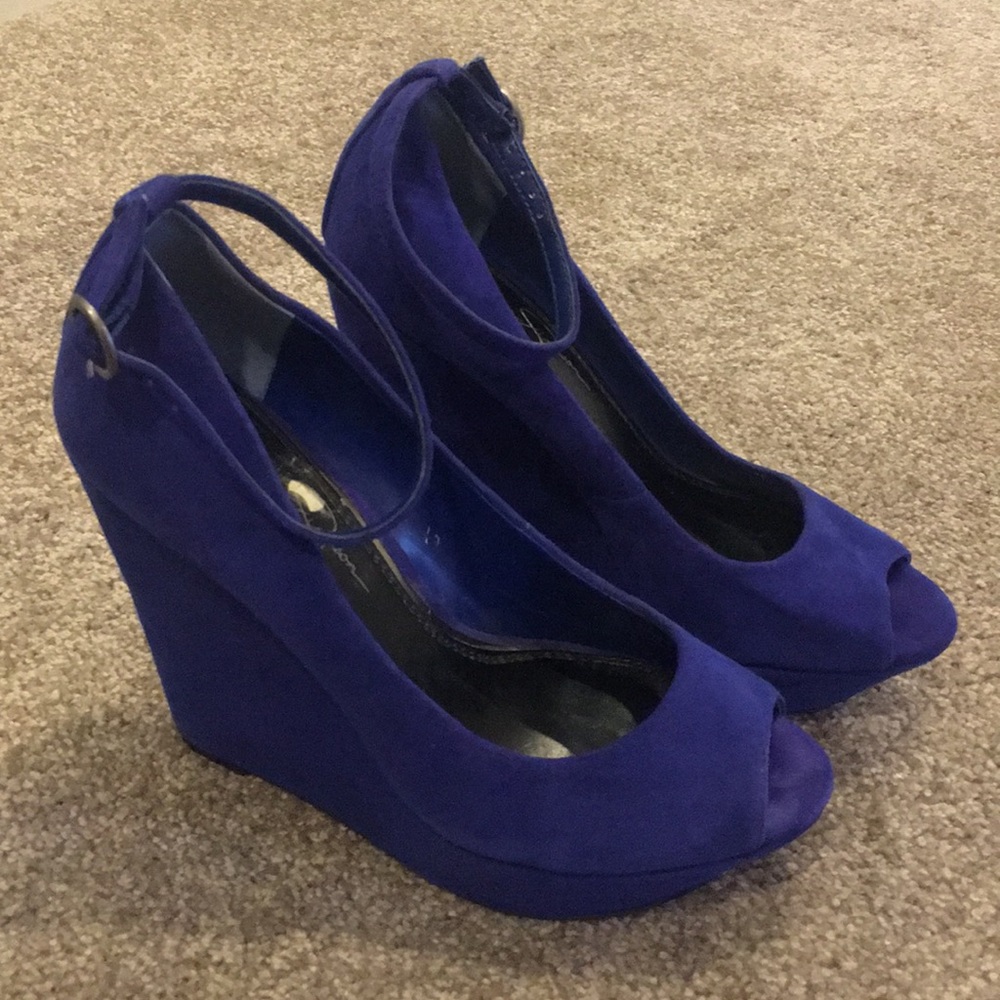 Cobalt blue suede peep toe Jessica Simpson wedges